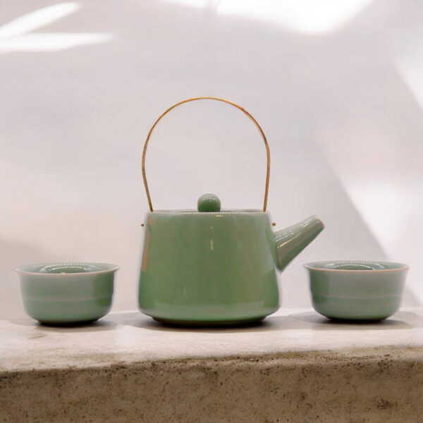 Jade Herbal Tea Set With Teapot And Two Tea Cups