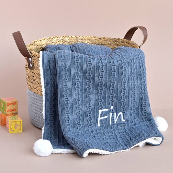 Personalised Knitted Grey Blue Baby Blanket