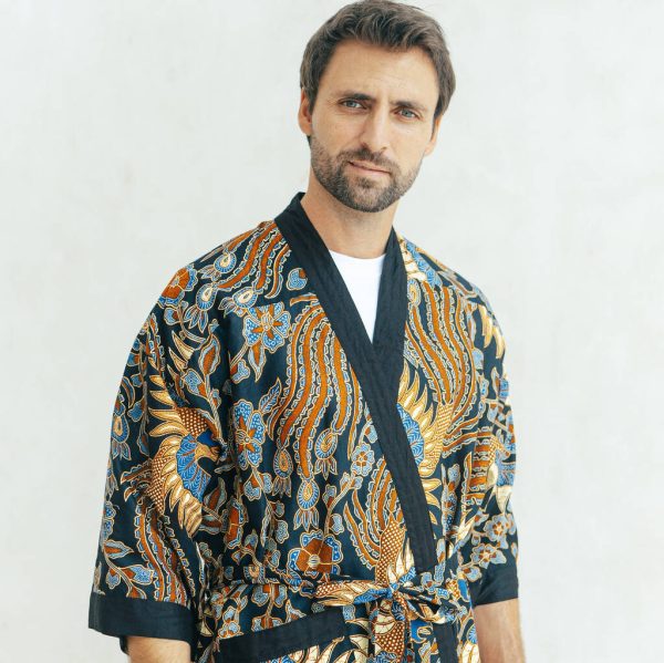 Men's Batik Kimono Robe In Navy