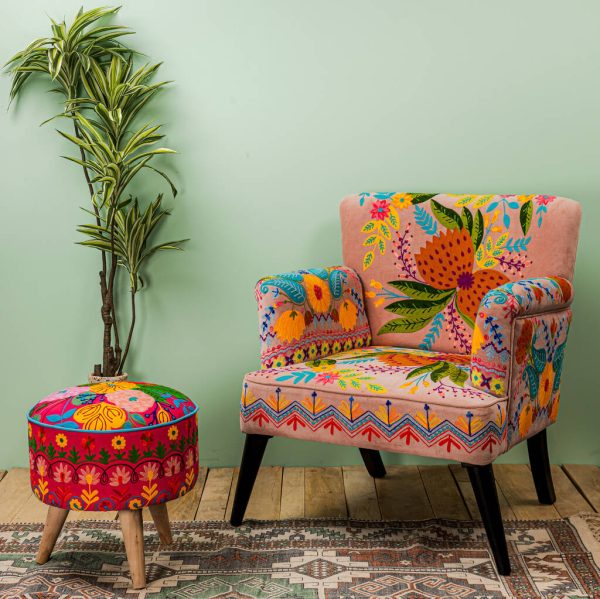 Soft Pink Embroidered Bloomberg Velvet Armchair