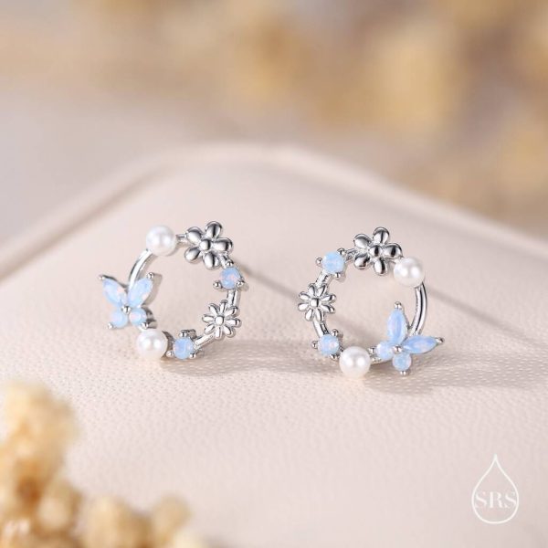 Sterling Silver Tiny Flower Wreath Stud Earrings, Opal Blue